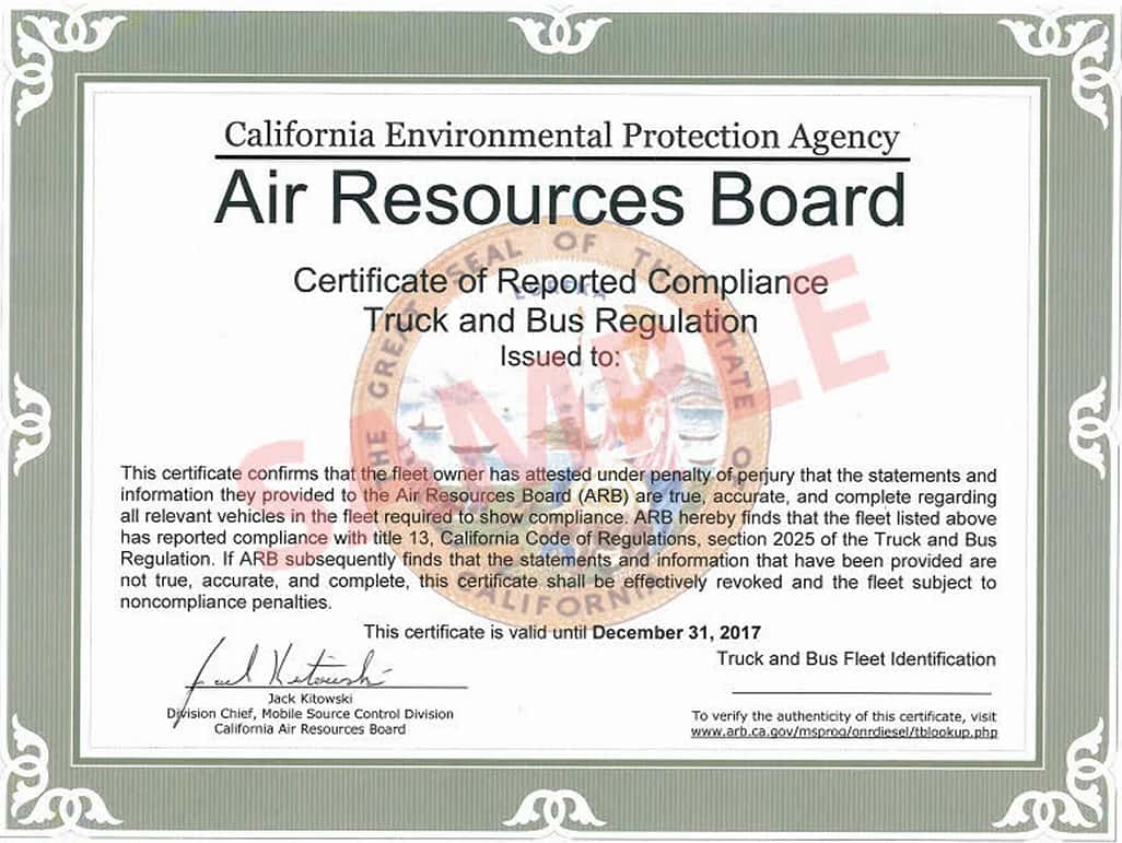 CARB Certificate Example - California Air Resources Board Compliance Certificate for Commercial Trucks, Port Trucks, and Refrigerated Vehicles - Sky Transport Solutions